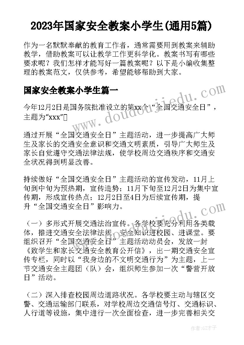 2023年国家安全教案小学生(通用5篇)