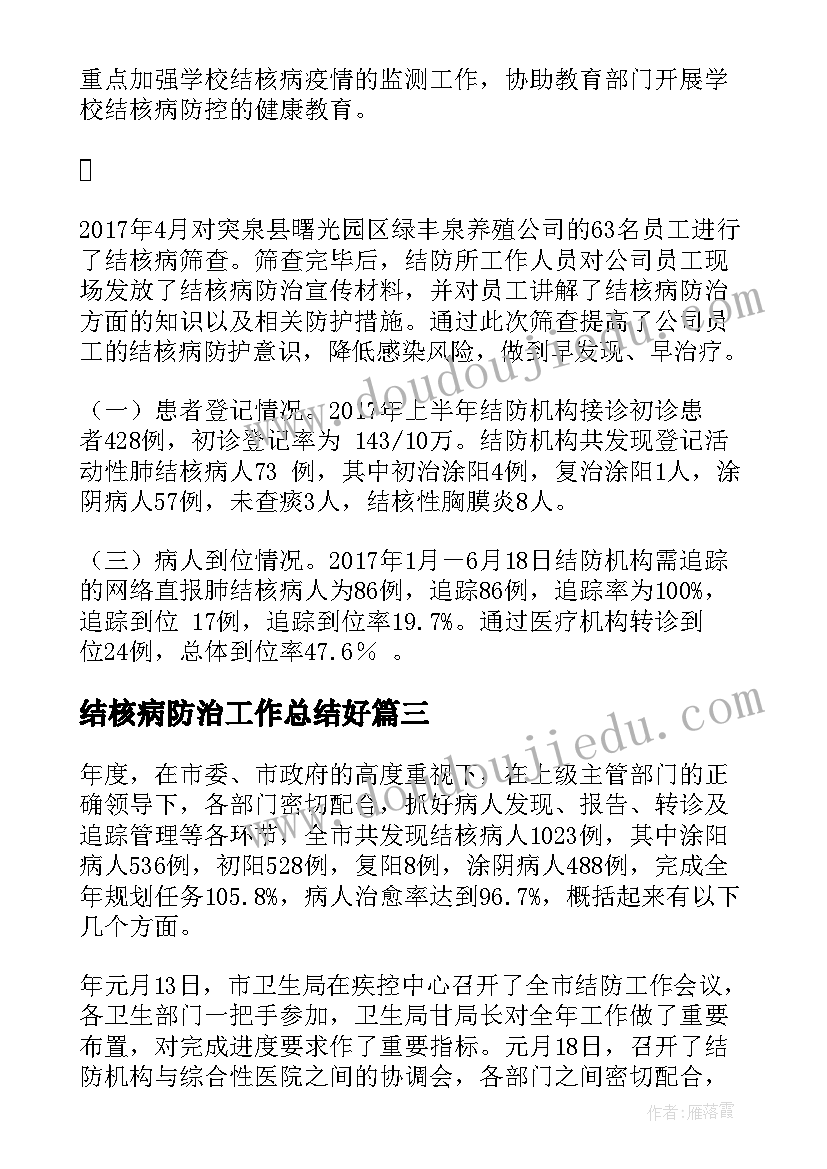 最新结核病防治工作总结好(模板8篇)