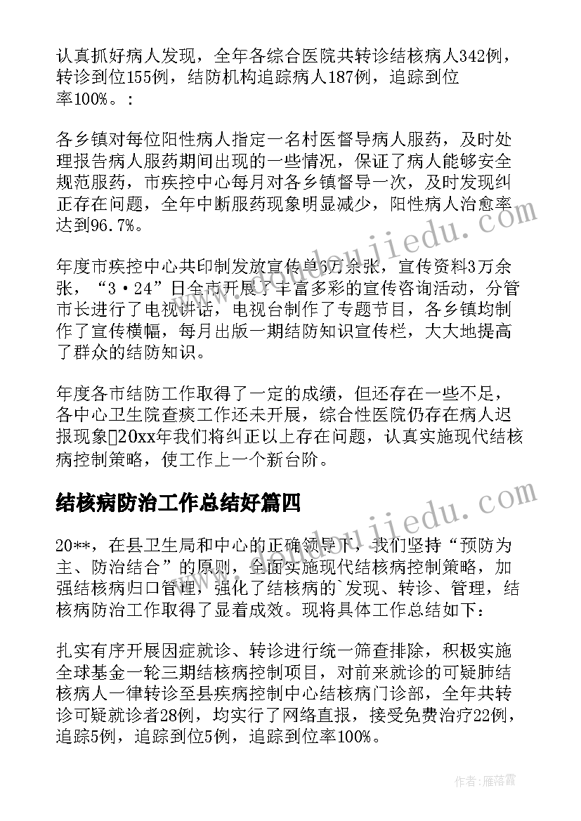 最新结核病防治工作总结好(模板8篇)