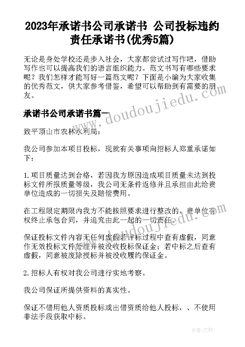 2023年承诺书公司承诺书 公司投标违约责任承诺书(优秀5篇)