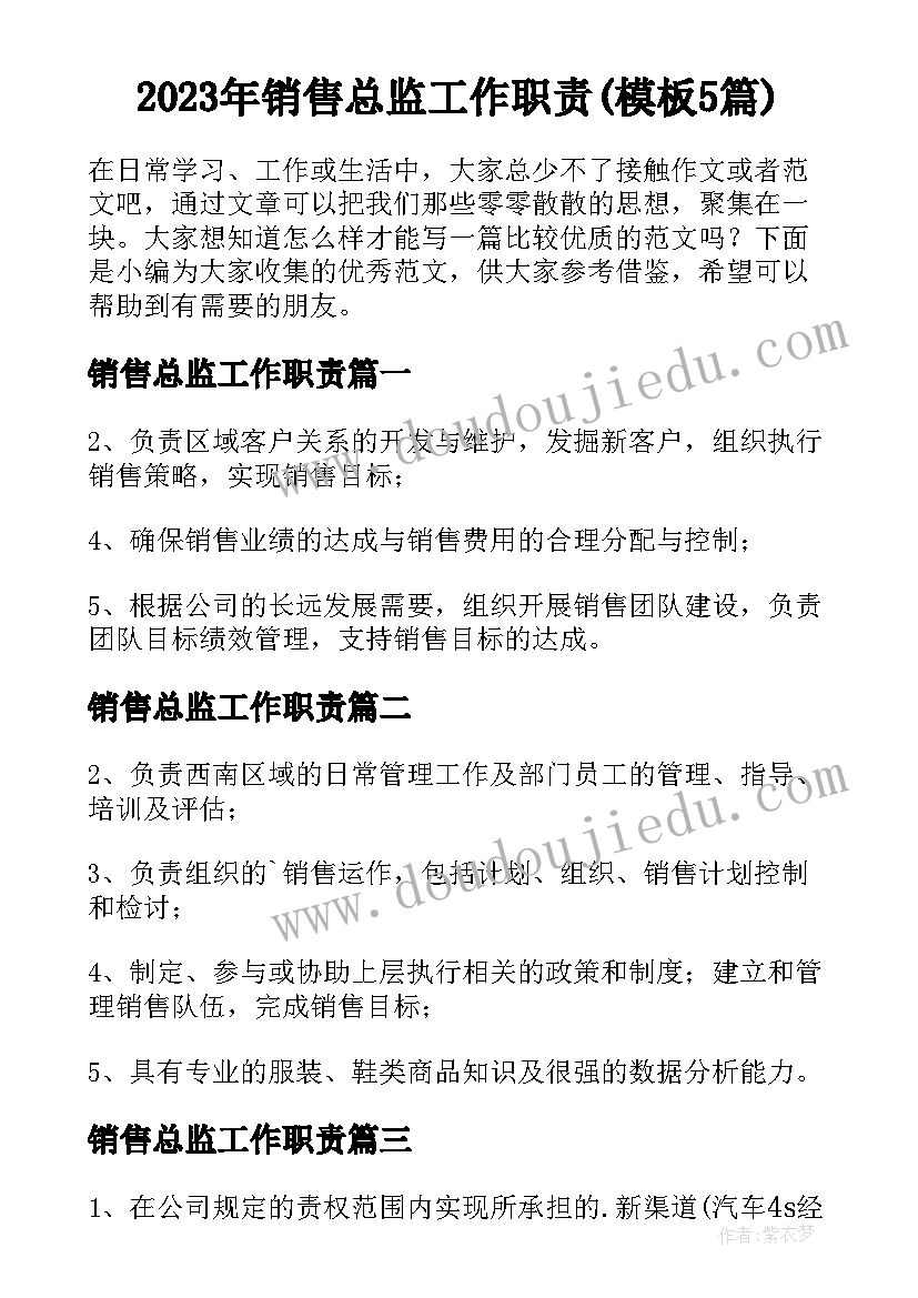 2023年销售总监工作职责(模板5篇)