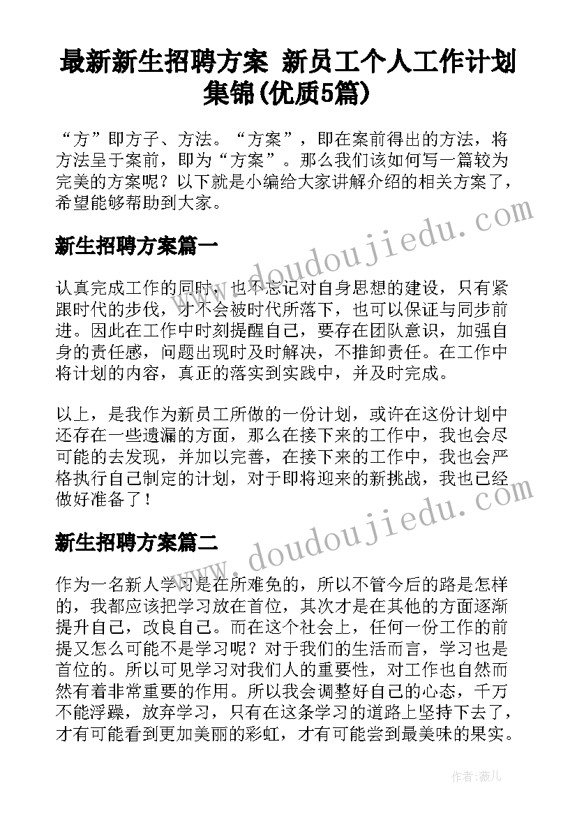 最新新生招聘方案 新员工个人工作计划集锦(优质5篇)