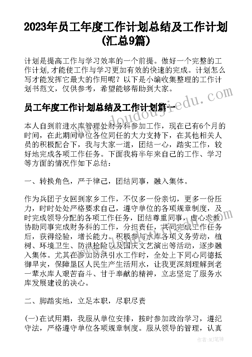 2023年员工年度工作计划总结及工作计划(汇总9篇)