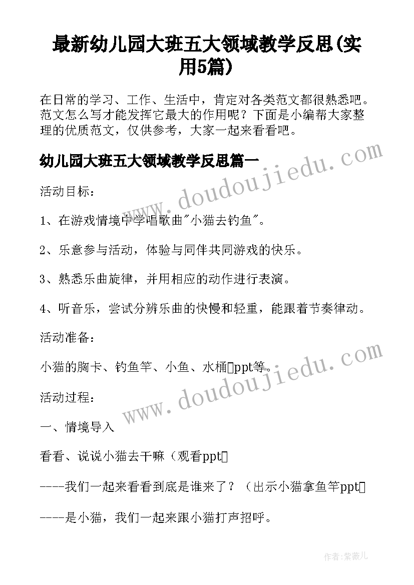 最新幼儿园大班五大领域教学反思(实用5篇)