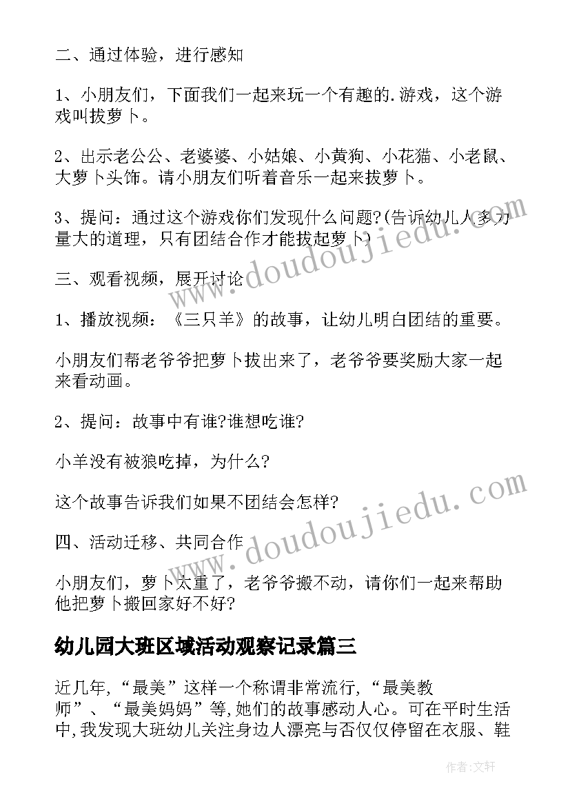 2023年幼儿园大班区域活动观察记录 幼儿园社会领域公开课活动总结(优质5篇)