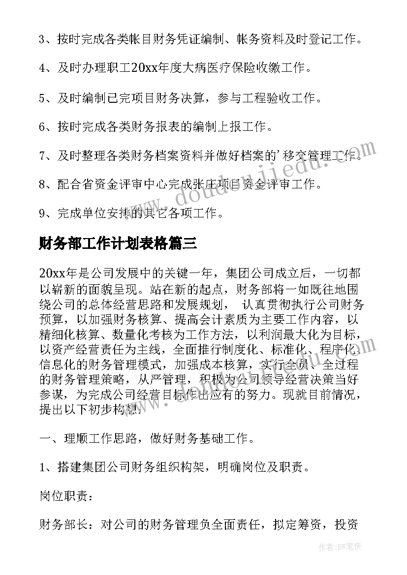 财务部工作计划表格 财务部工作计划(模板9篇)