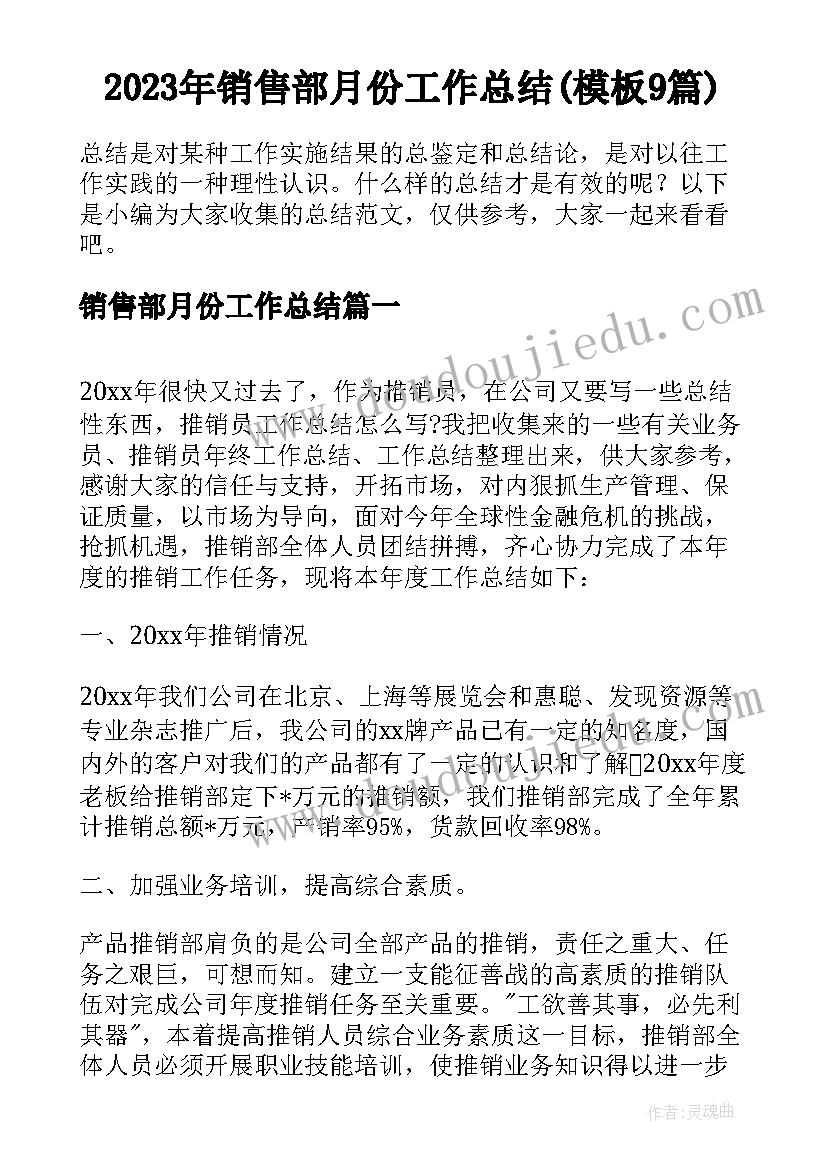 2023年销售部月份工作总结(模板9篇)