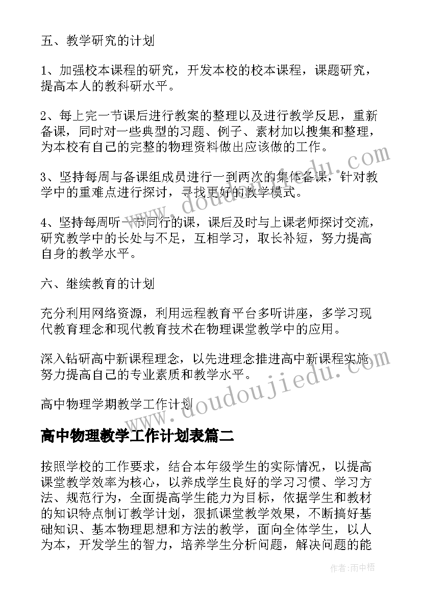 高中物理教学工作计划表 高中物理学期教学工作计划(大全5篇)