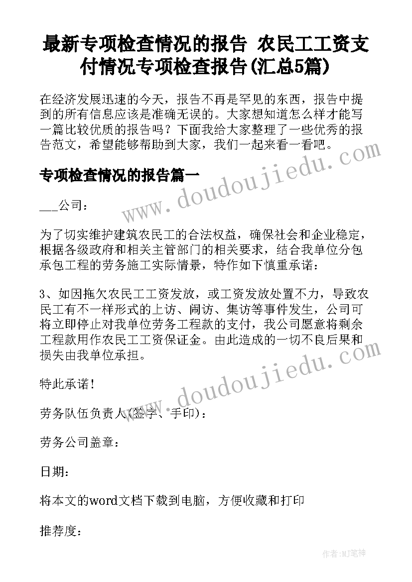 最新专项检查情况的报告 农民工工资支付情况专项检查报告(汇总5篇)