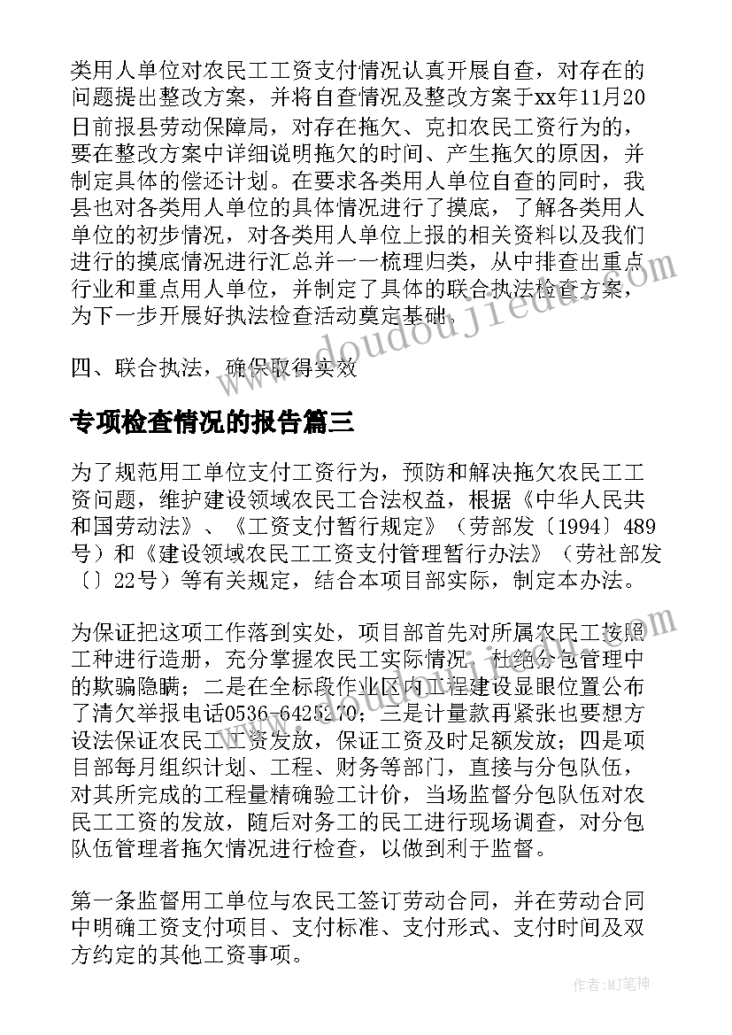 最新专项检查情况的报告 农民工工资支付情况专项检查报告(汇总5篇)