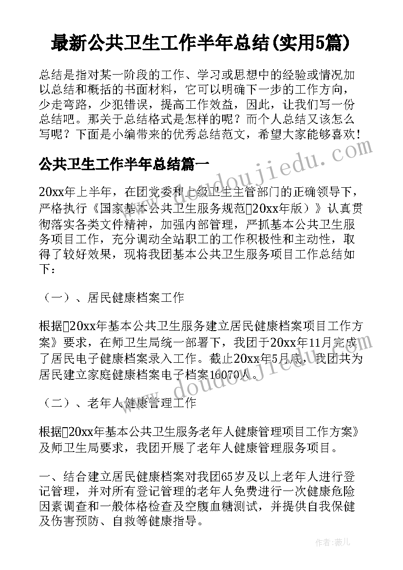 最新公共卫生工作半年总结(实用5篇)