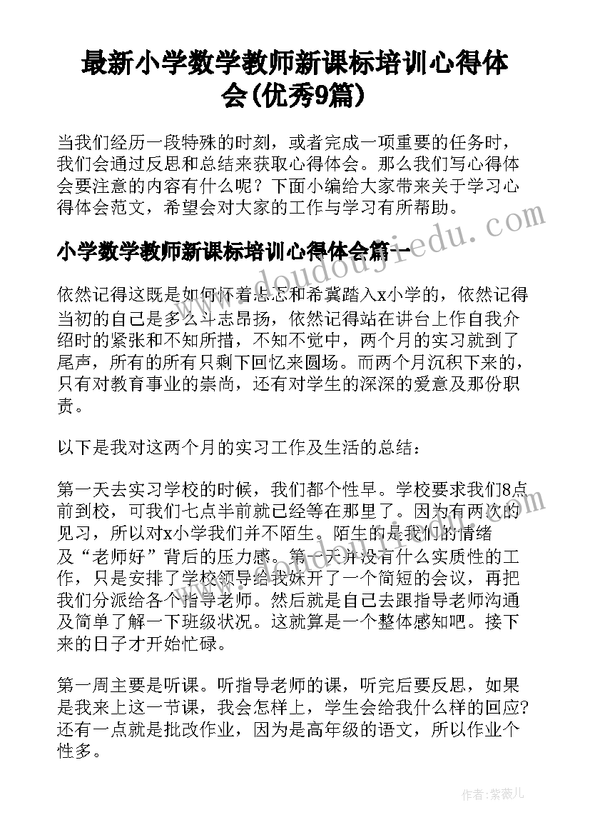 最新小学数学教师新课标培训心得体会(优秀9篇)