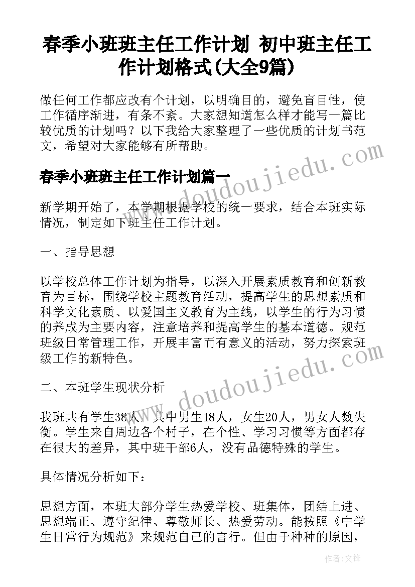 春季小班班主任工作计划 初中班主任工作计划格式(大全9篇)