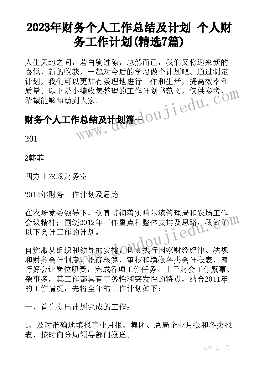 2023年财务个人工作总结及计划 个人财务工作计划(精选7篇)