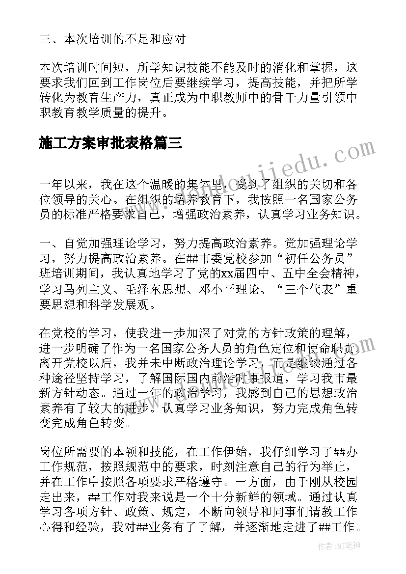 最新施工方案审批表格(大全7篇)