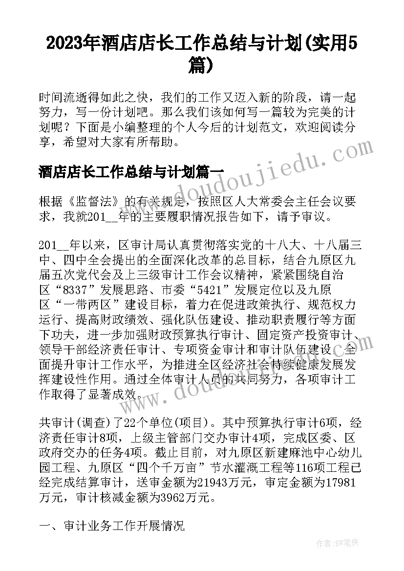 2023年酒店店长工作总结与计划(实用5篇)