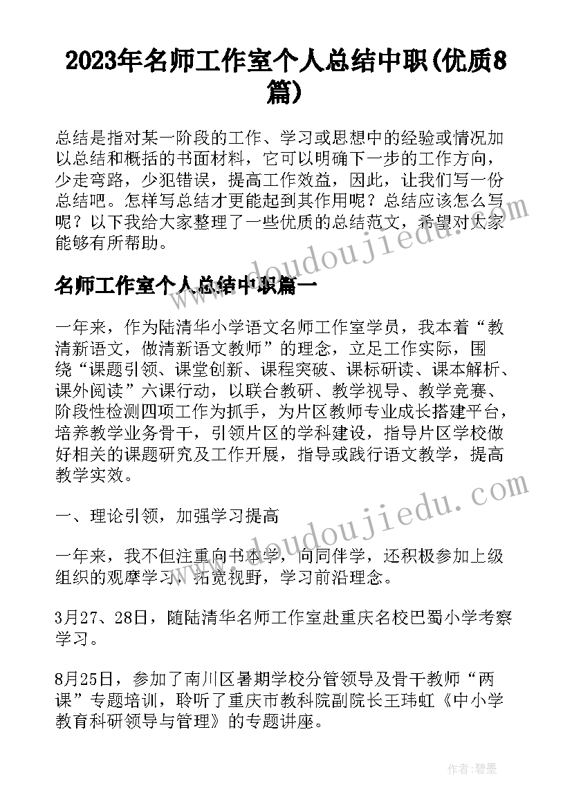 2023年名师工作室个人总结中职(优质8篇)