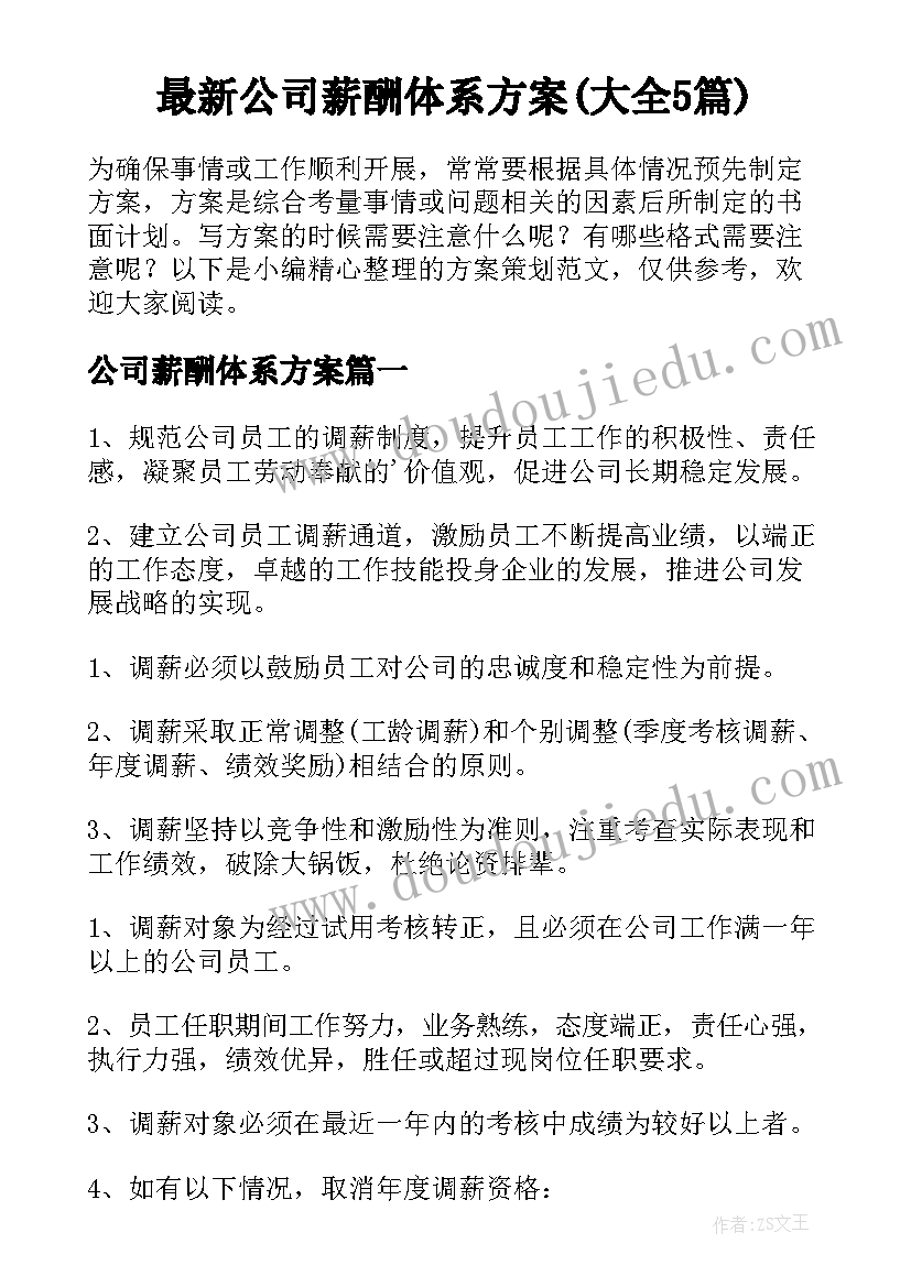 最新公司薪酬体系方案(大全5篇)