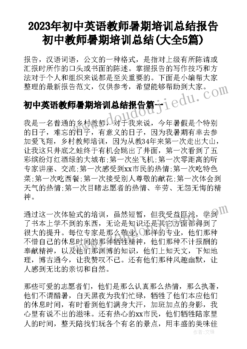 2023年初中英语教师暑期培训总结报告 初中教师暑期培训总结(大全5篇)