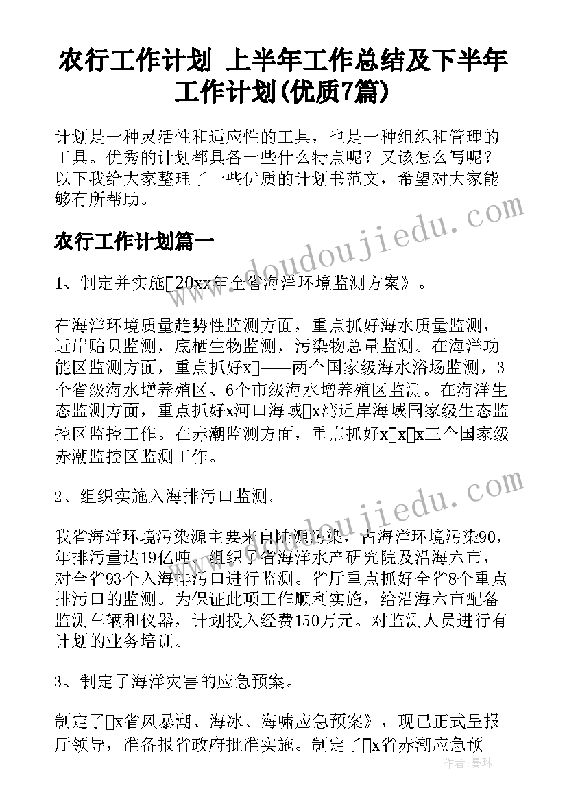 农行工作计划 上半年工作总结及下半年工作计划(优质7篇)