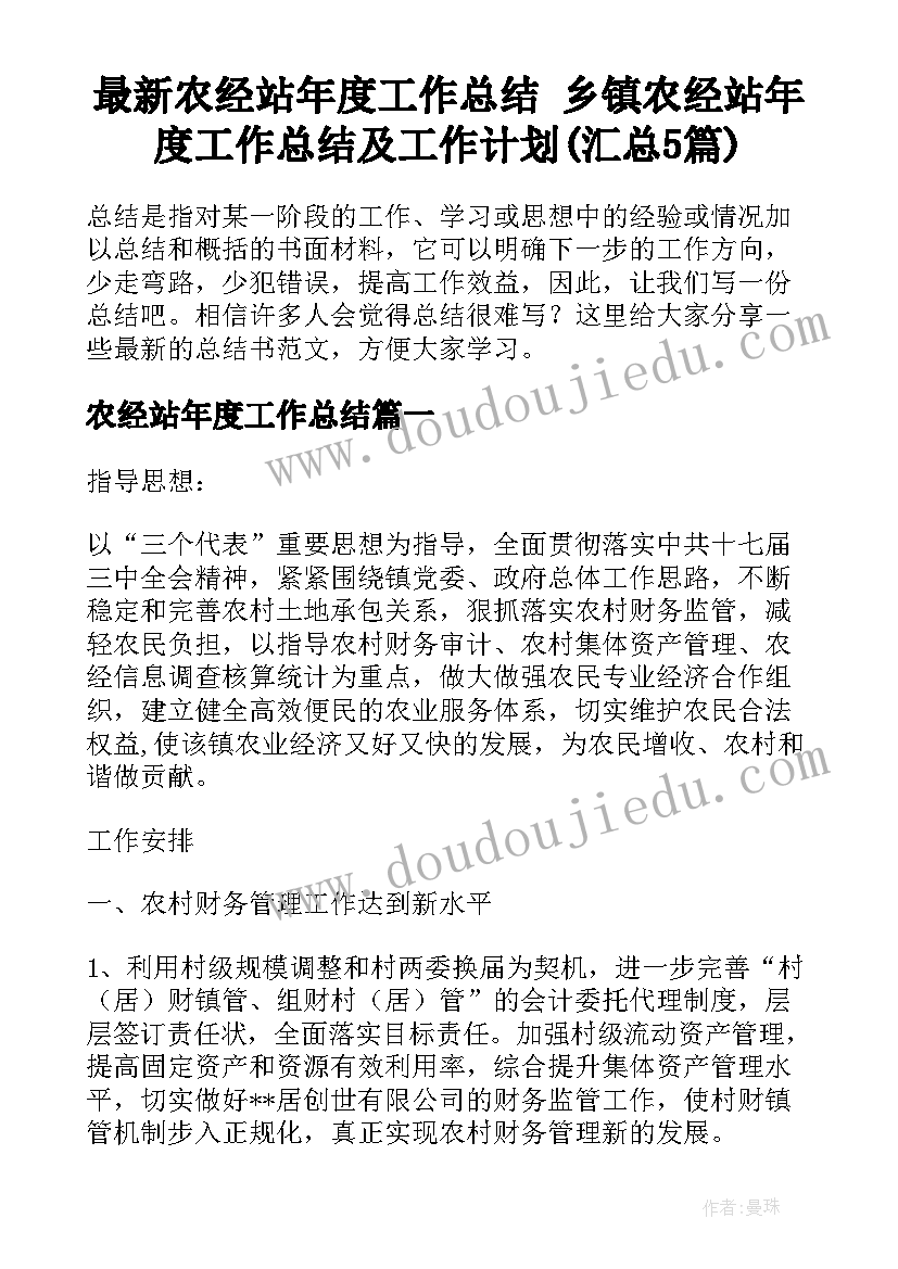 最新农经站年度工作总结 乡镇农经站年度工作总结及工作计划(汇总5篇)