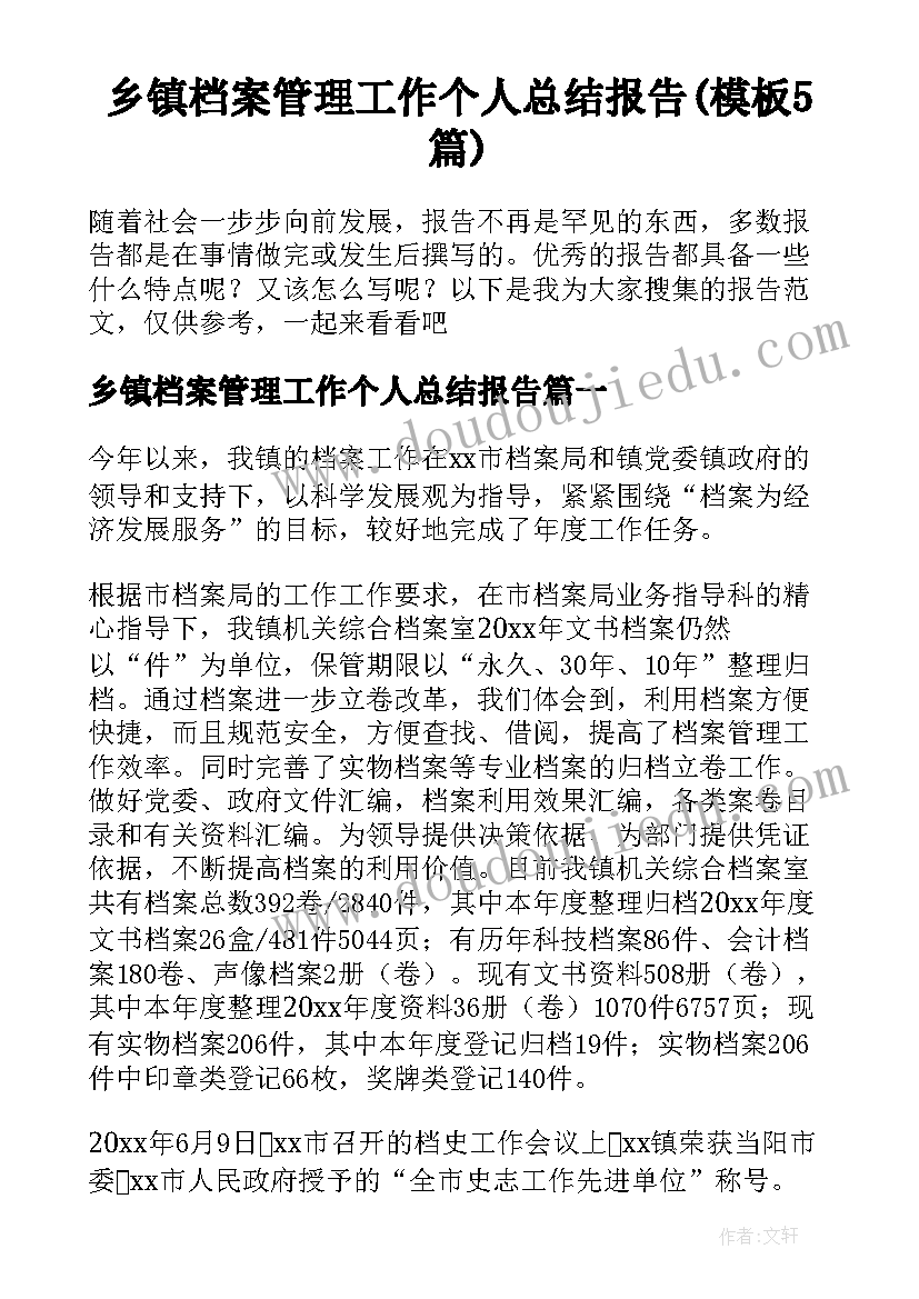 乡镇档案管理工作个人总结报告(模板5篇)