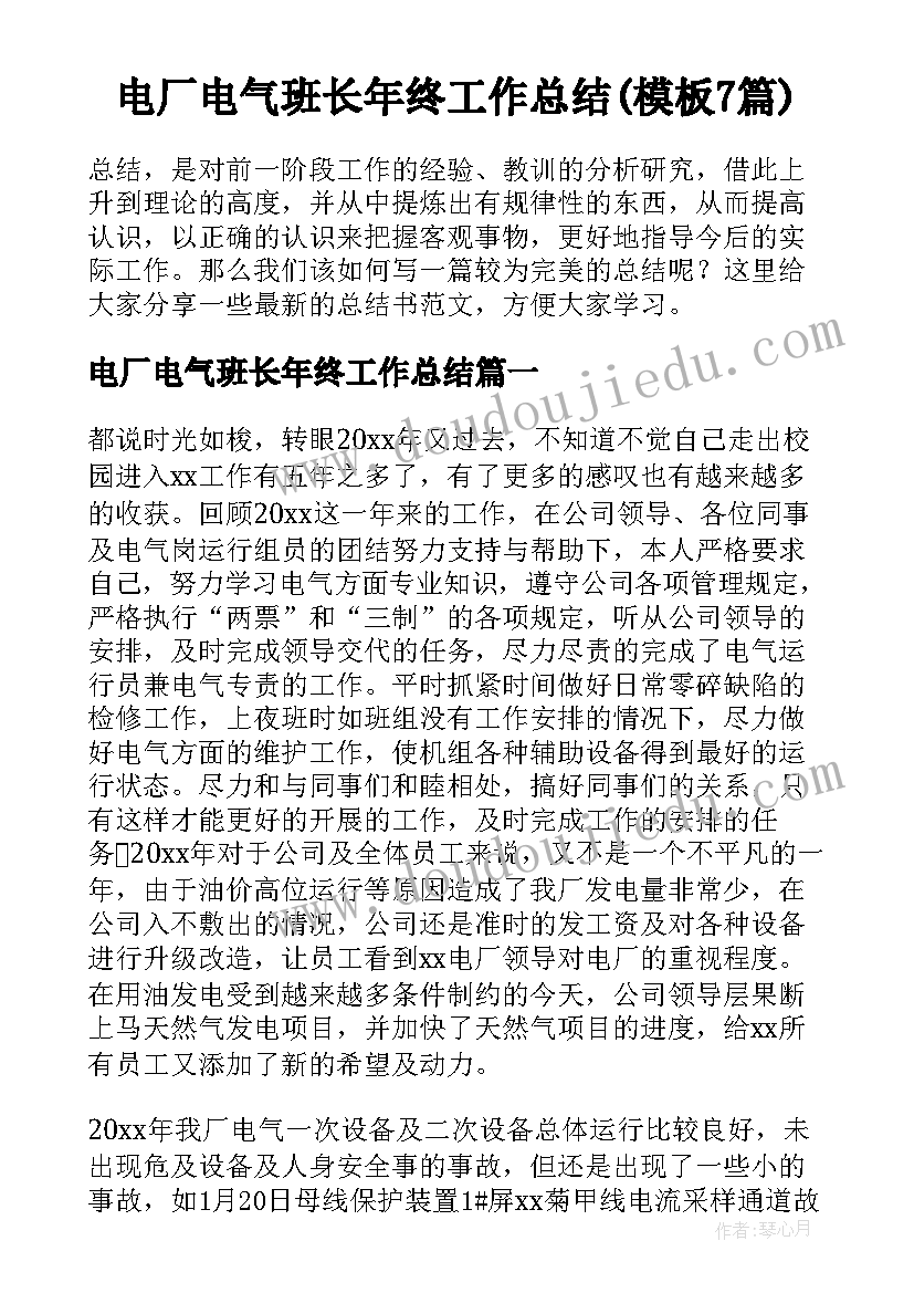 电厂电气班长年终工作总结(模板7篇)