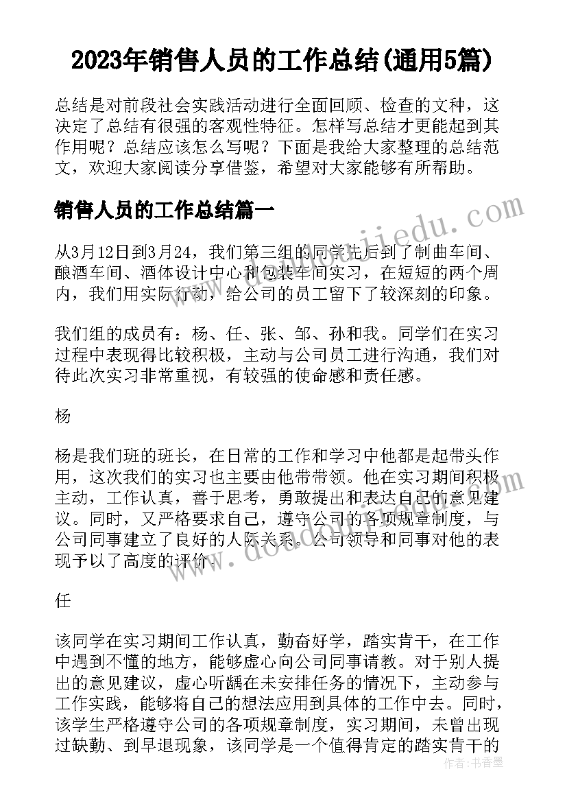 2023年销售人员的工作总结(通用5篇)