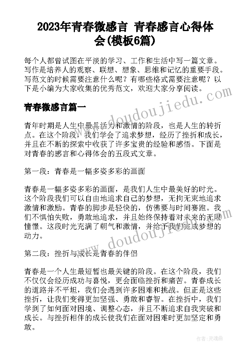 2023年青春微感言 青春感言心得体会(模板6篇)