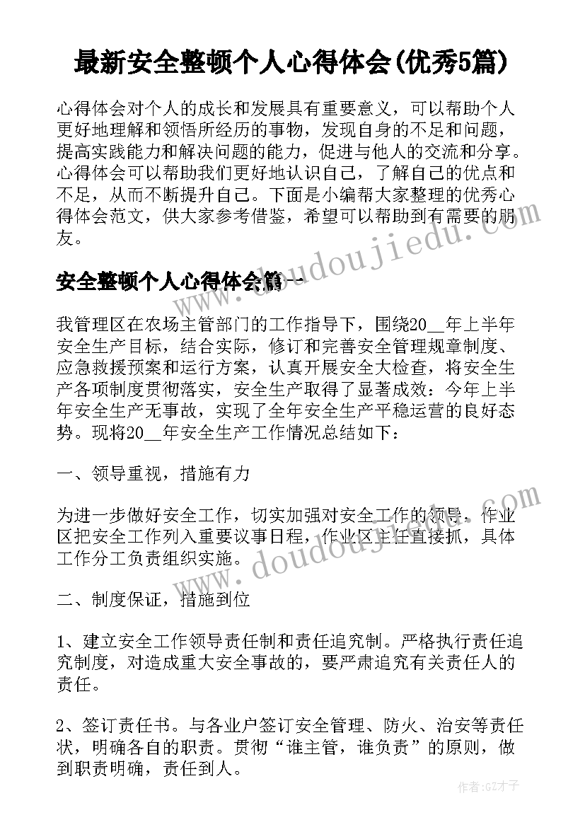 最新安全整顿个人心得体会(优秀5篇)