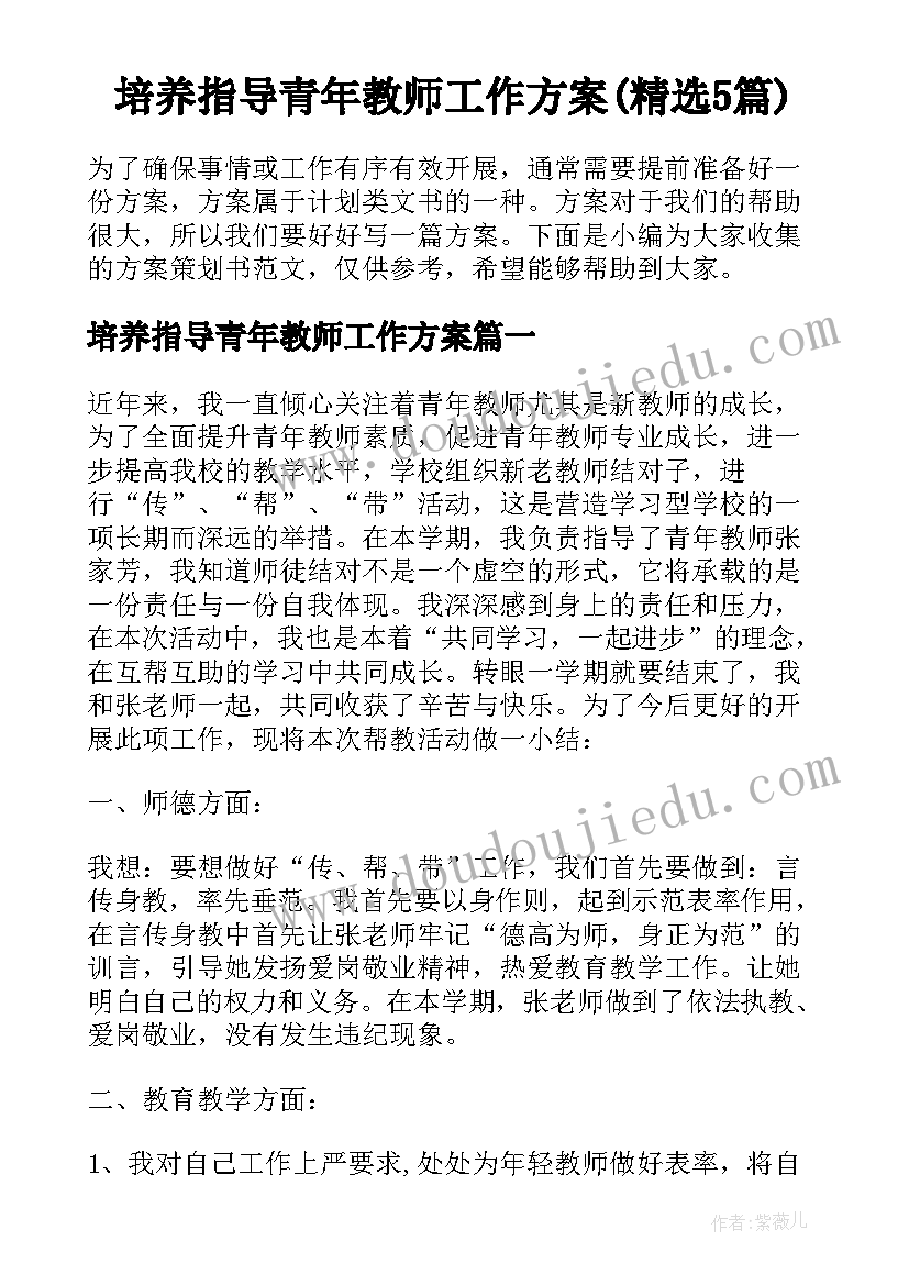 培养指导青年教师工作方案(精选5篇)