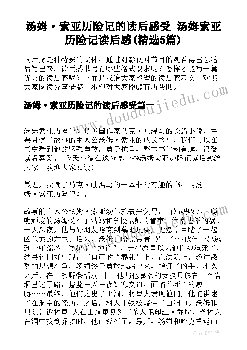 汤姆·索亚历险记的读后感受 汤姆索亚历险记读后感(精选5篇)