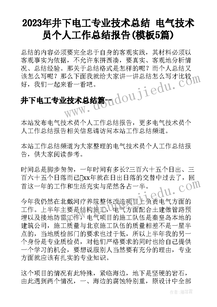 2023年井下电工专业技术总结 电气技术员个人工作总结报告(模板5篇)