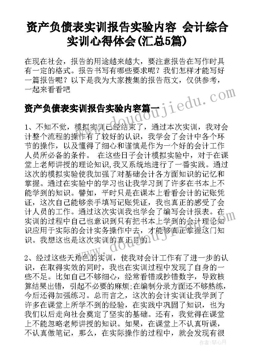 资产负债表实训报告实验内容 会计综合实训心得体会(汇总5篇)