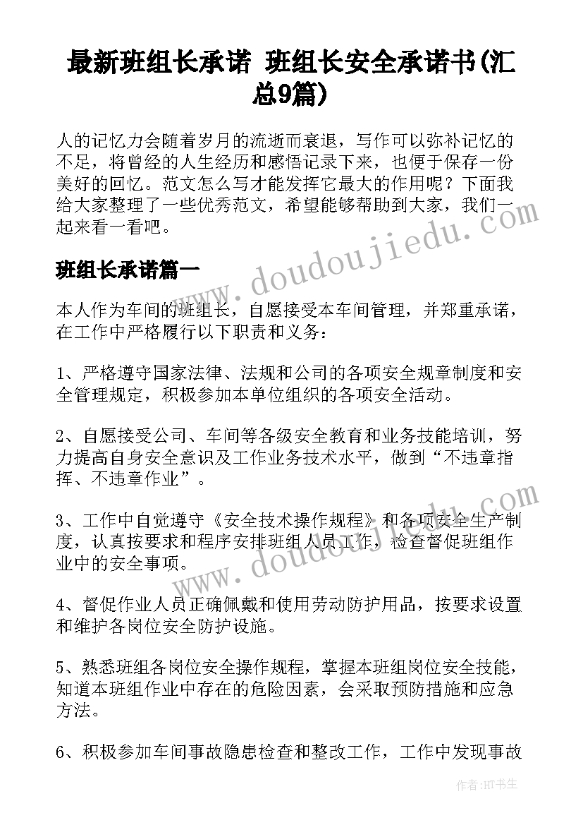 最新班组长承诺 班组长安全承诺书(汇总9篇)