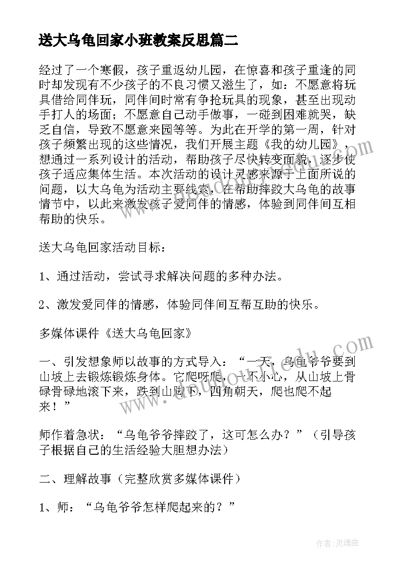 最新送大乌龟回家小班教案反思 送大乌龟回家小班教案(大全5篇)