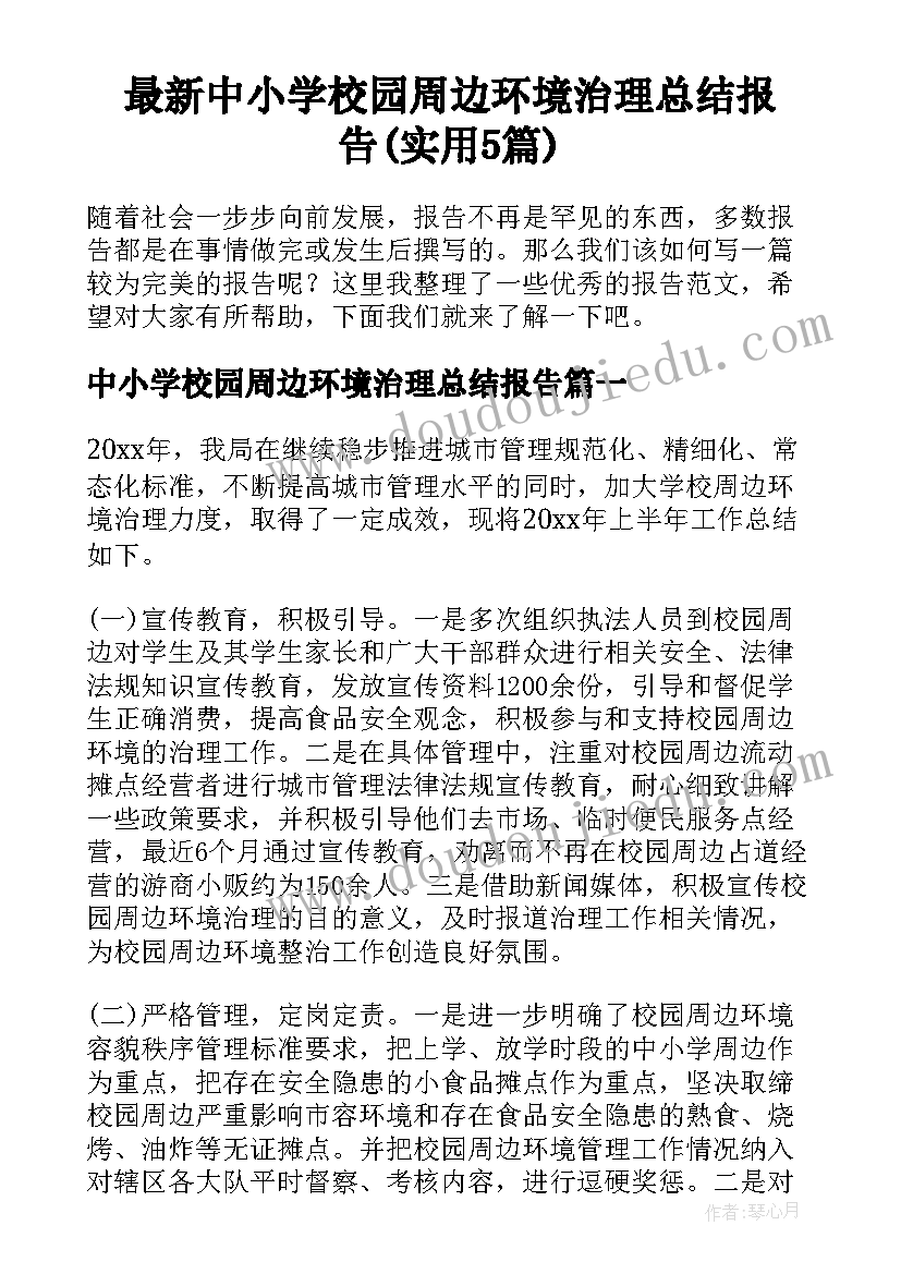 最新中小学校园周边环境治理总结报告(实用5篇)