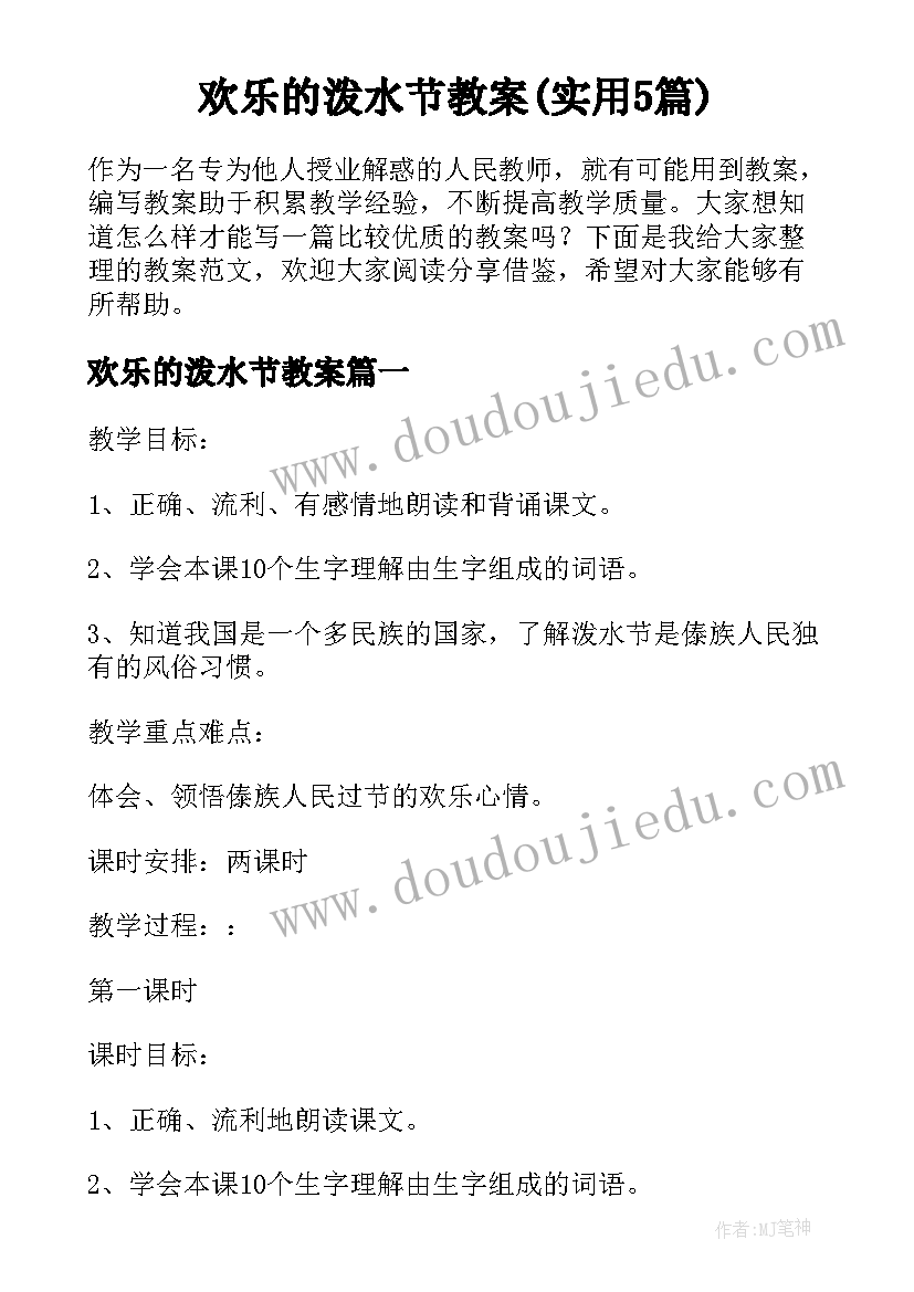 欢乐的泼水节教案(实用5篇)