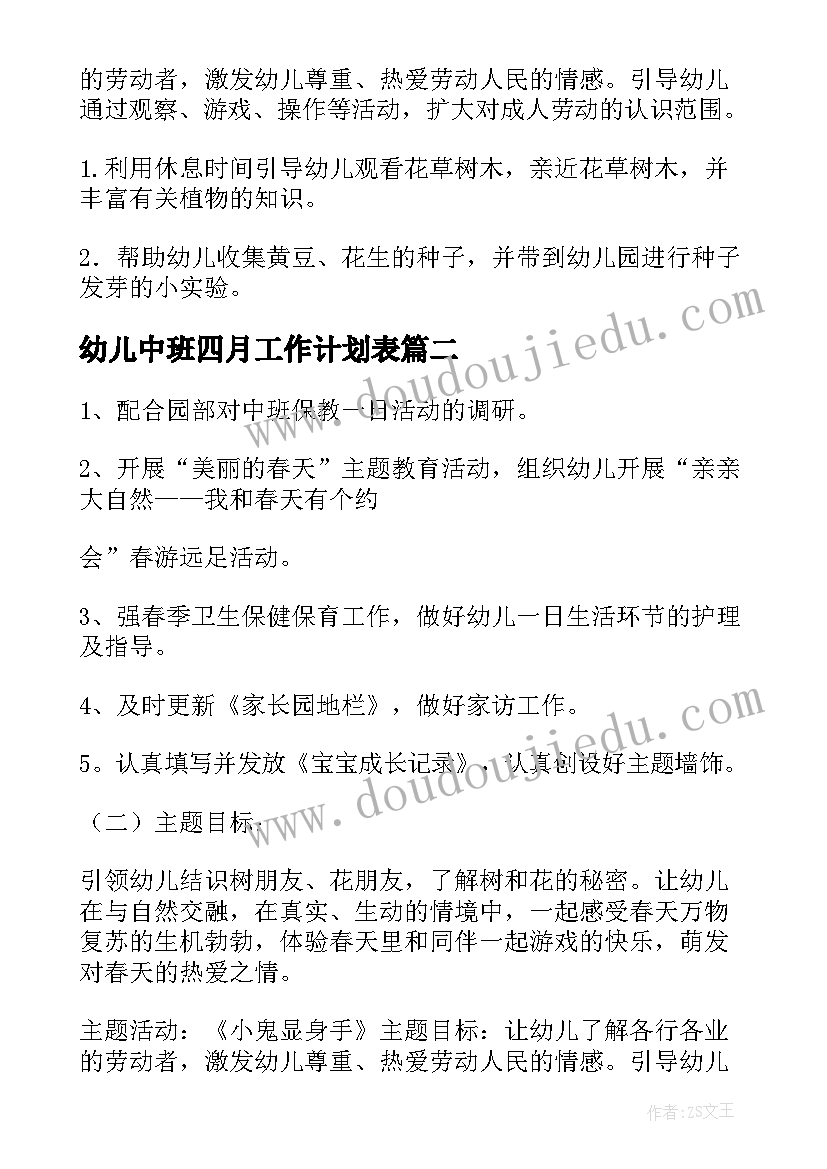 最新幼儿中班四月工作计划表(实用5篇)