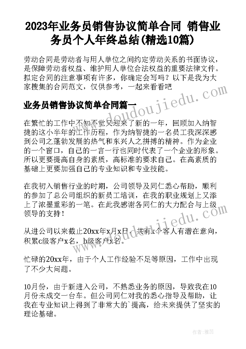 2023年业务员销售协议简单合同 销售业务员个人年终总结(精选10篇)