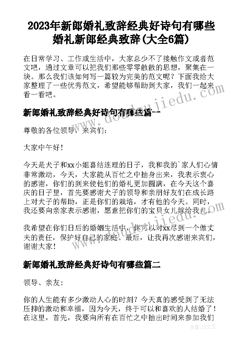 2023年新郎婚礼致辞经典好诗句有哪些 婚礼新郎经典致辞(大全6篇)