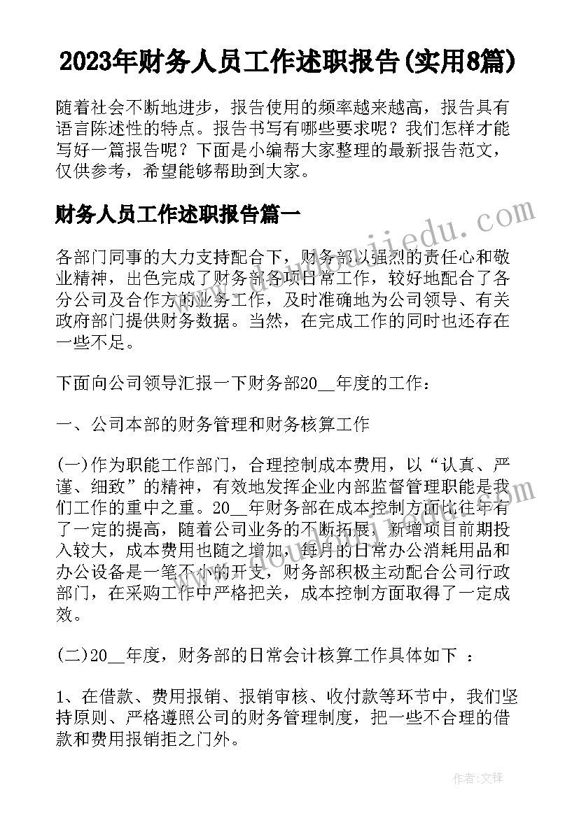 2023年财务人员工作述职报告(实用8篇)