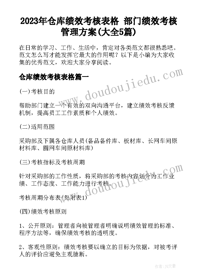 2023年仓库绩效考核表格 部门绩效考核管理方案(大全5篇)