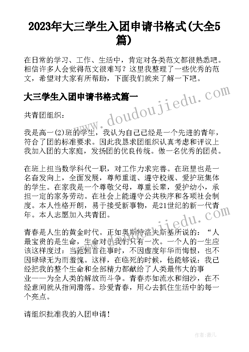 2023年大三学生入团申请书格式(大全5篇)