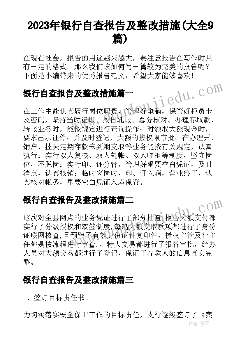 2023年银行自查报告及整改措施(大全9篇)