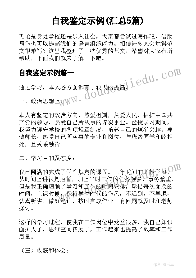 自我鉴定示例(汇总5篇)