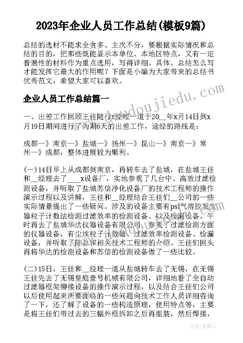 2023年企业人员工作总结(模板9篇)