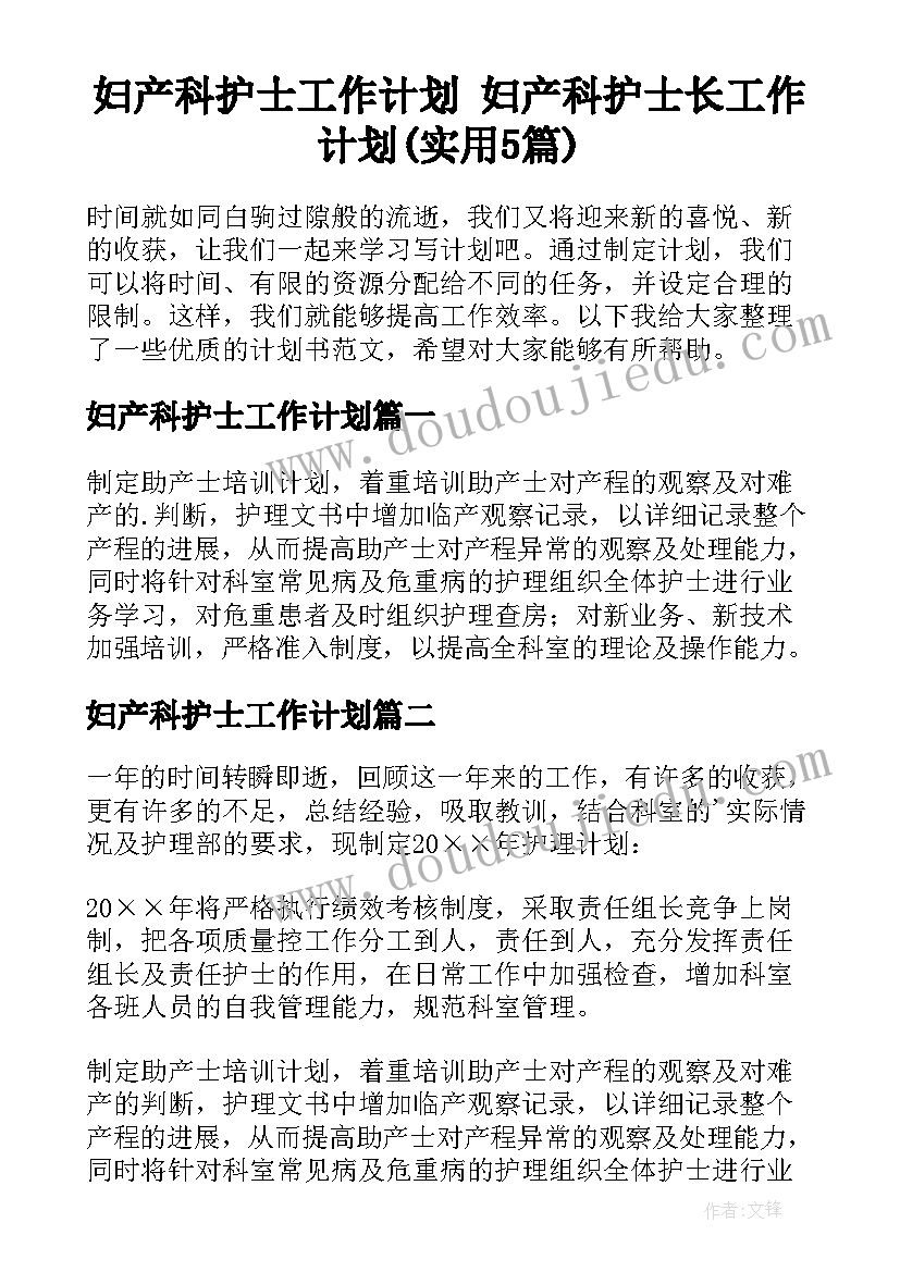 妇产科护士工作计划 妇产科护士长工作计划(实用5篇)