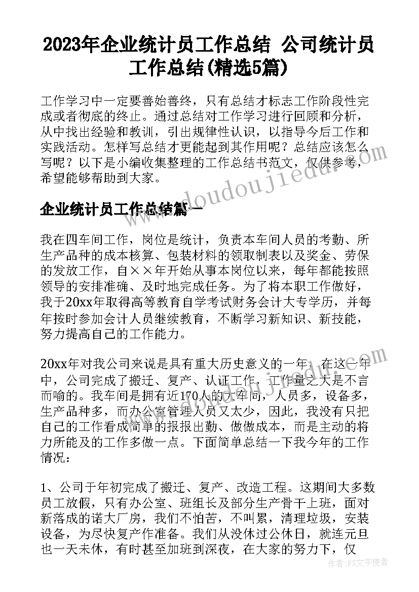 2023年企业统计员工作总结 公司统计员工作总结(精选5篇)