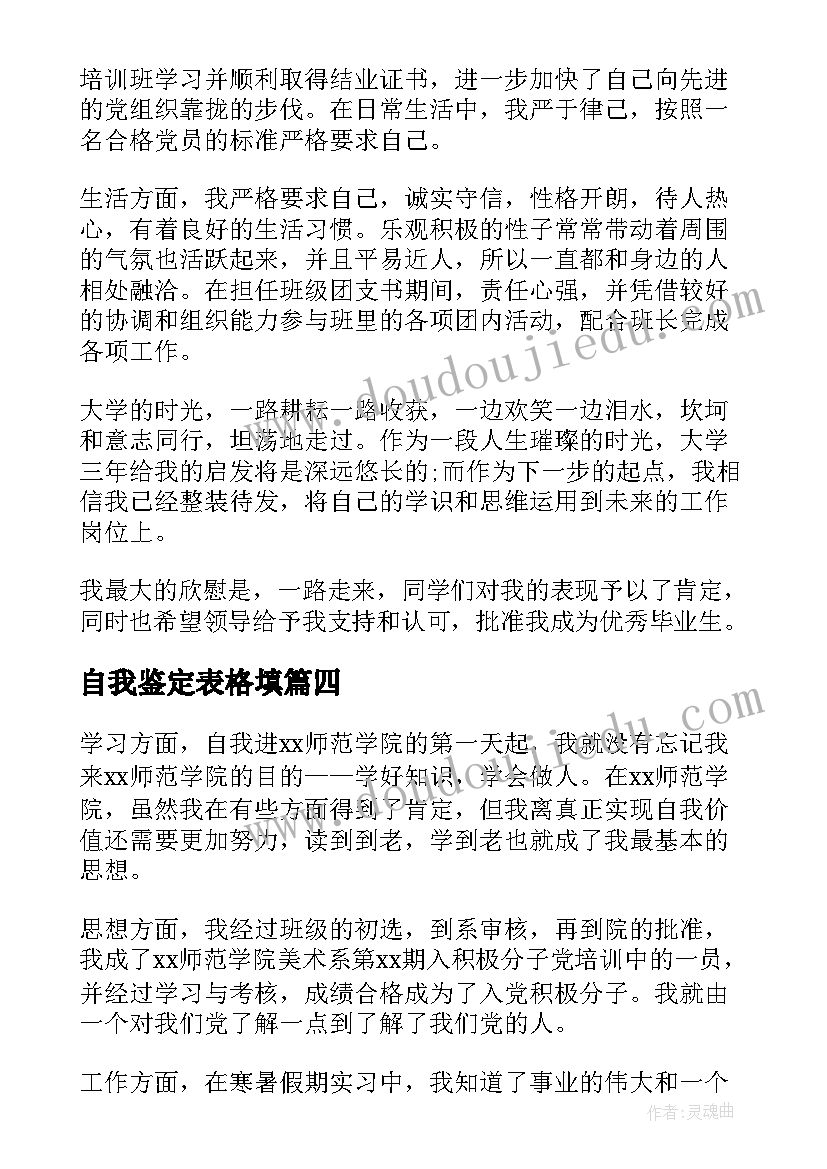 最新自我鉴定表格填(实用5篇)